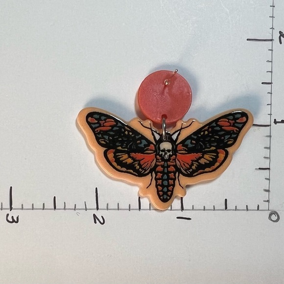 Orange Butterfly & Skull Dangle Earrings - Butterfly Goth Earrings -Emo Earrings - Picture 3 of 6